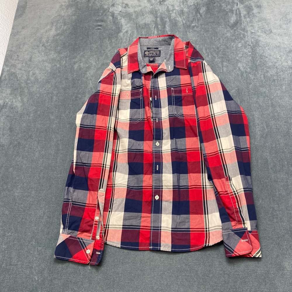 American Rag Cie Shirt Mens Large Red Navy Plaid Long Sleeve Casual Button Up
